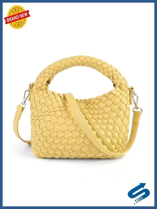 Woven PU Leather Crossbody Bag with Top Handle, Detachable Strap, 2-in-1 Carry