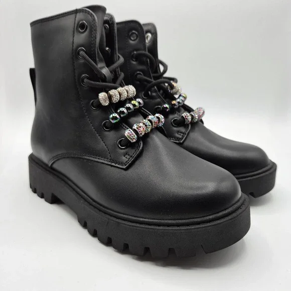 Girls Black Faux Leather Rhinestone Bead Lug Sole Combat Boots Size‎ 2