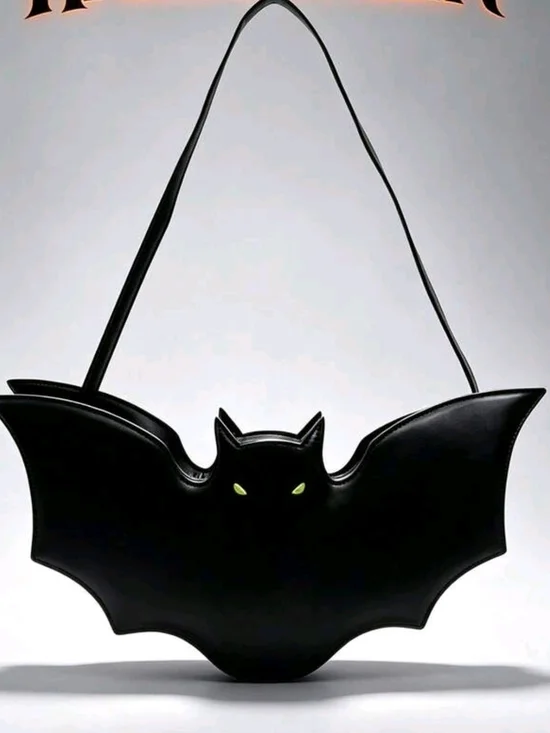 Black Bat-Shaped Shoulder Bag with Neon Green Eyes