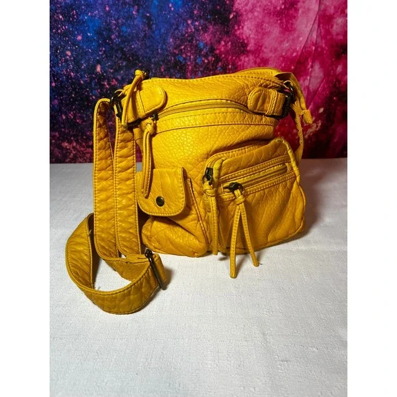Laurel & Sunset Mustard Yellow Pebbled Vegan Leather Crossbody Utility Bag
