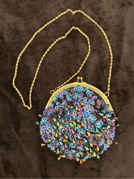 Sequin Beaded Evening Crossbody Bag in Iridescent Blue-Green