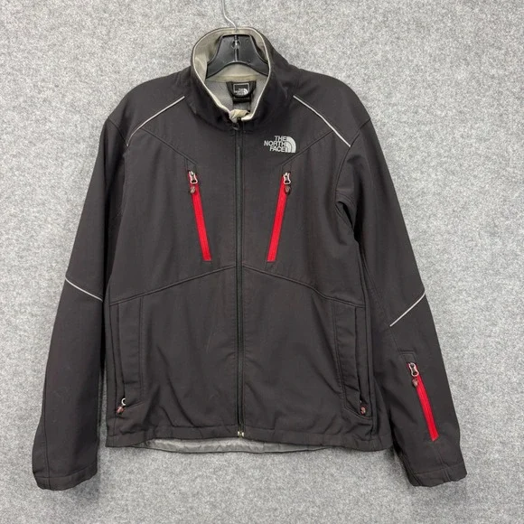 The North‎ Face Apex Softshell Jacket Black Red Zip Pockets Fleece Lined Mens L