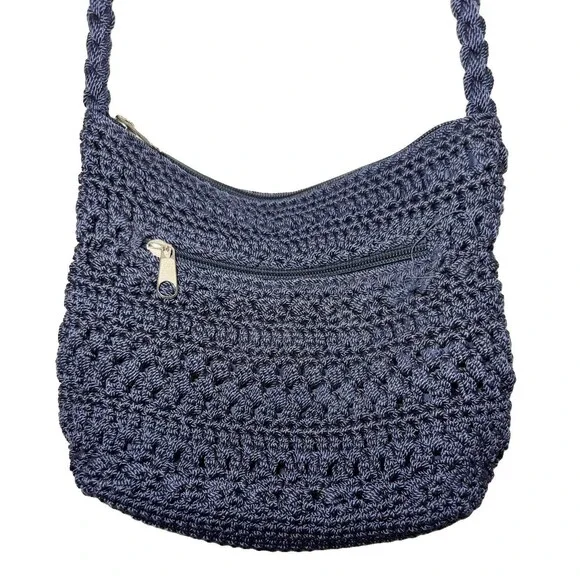 Lina Navy Blue Crochet Shoulder Bag Macrame Knit Zip Top Y2K Boho Purse