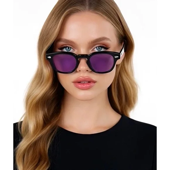 Men Women Sunglasses Glossy Black Frame Purple Lens Retro Inspired Unisex Classy