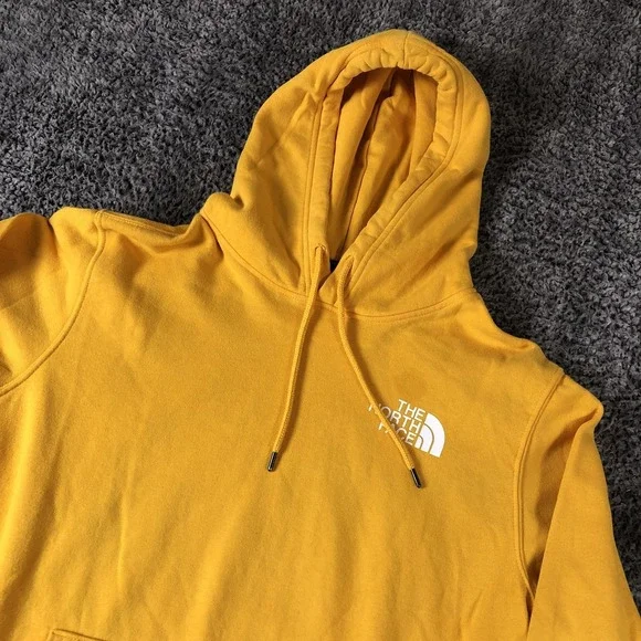 The North Face Hoodie Mens Large Yellow‎ Graphic Fleece Pullover Back Logo