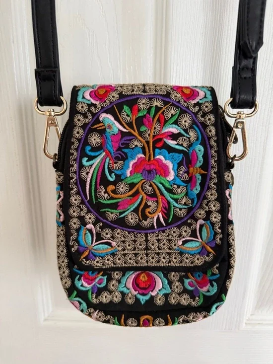 Embroidered Floral Crossbody Bag - Black Multi
