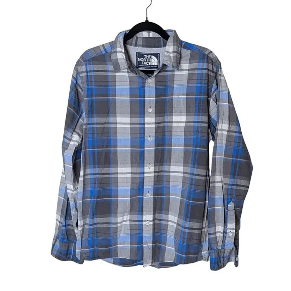 The North Face Men's‎ Size M Blue Gray Plaid Button Front Casual Outdoor Shirt