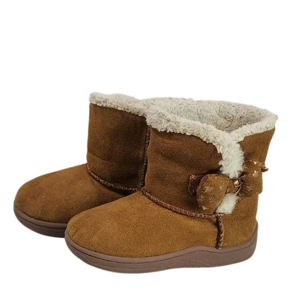 Girls Brown Suede‎ Faux Fur Lined Boots with Gold Star Bow Accent Size 6