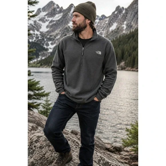The North Face Mens XXL Gray Textured Fleece Quarter Zip Pullover Sweater Jacket
