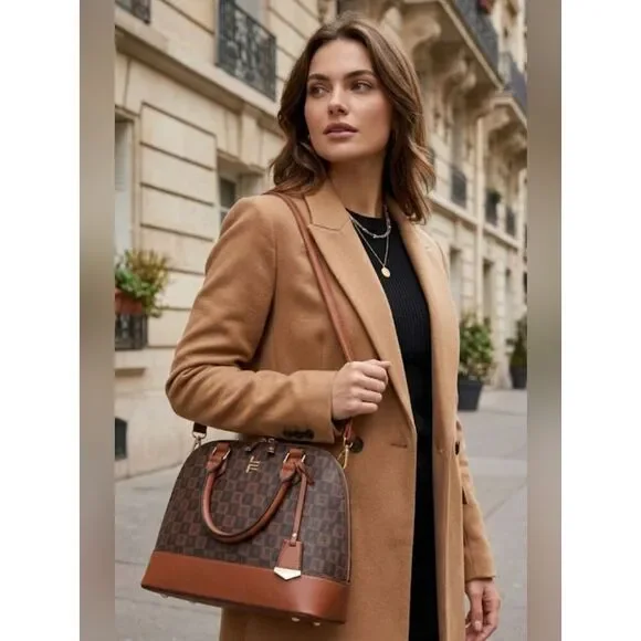 London Fog Tulip Signature Satchel Brown Cognac