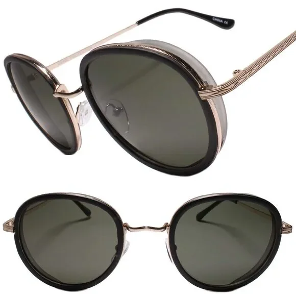 Indie Dapper 90s Retro Vintage Look Round Matte Black & Gold Frame Sunglasses