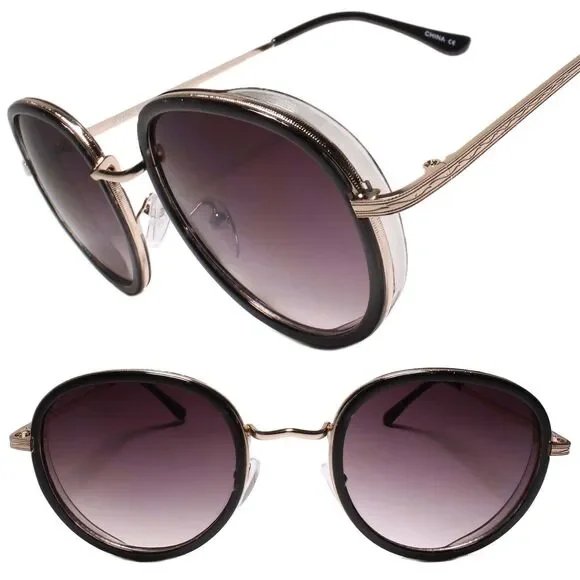Indie Dapper 80s 90s Retro Vintage Look Round Black & Gold Frame Sunglasses