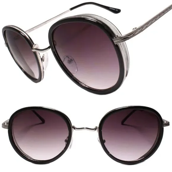 Indie Dapper 80s 90s Retro Vintage Look Round Black & Silver Frame Sunglasses