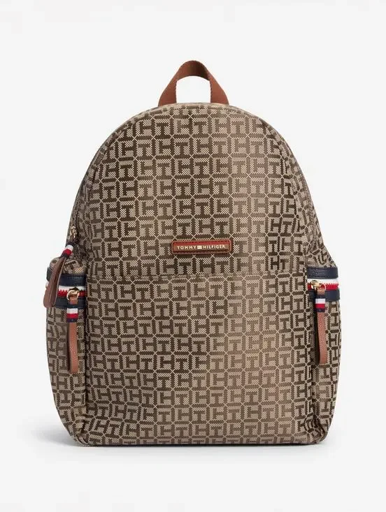 Tommy Hilfiger Monogram Backpack Brown Travel Laptop School Bag NWT