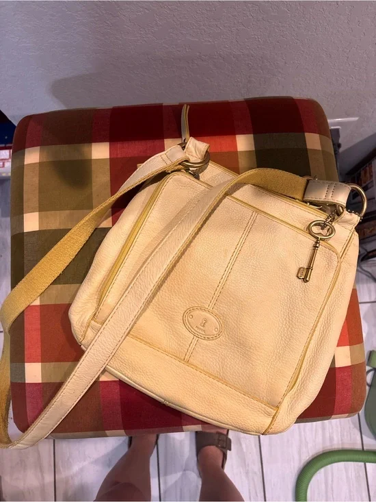 Fossil Cream Leather Crossbody Bag with Key Charm