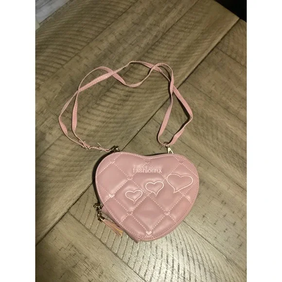 Fashionnx Pink Heart Quilted Crossbody Bag Dual Zip Tassel Accent Womens Wallet