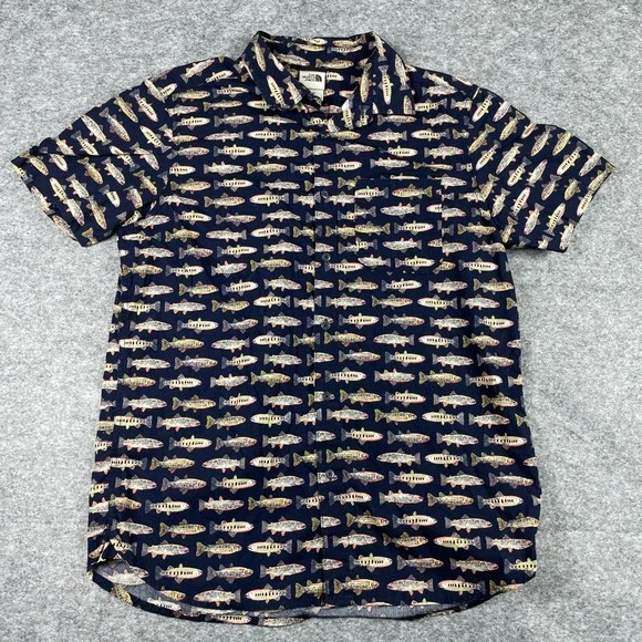 The North Face Shirt Mens L Navy Blue Trout Fish AOP Short Sleeve Button Down