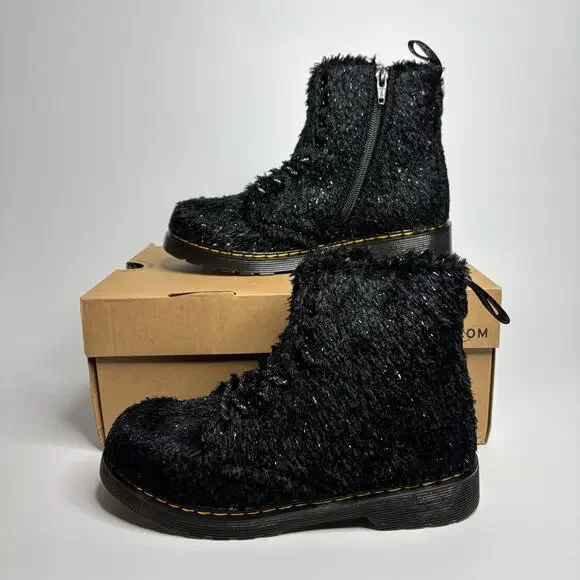 Dr. Martens Junior 1460 Pascal Tinsel Fur Lace Up Boots in Black