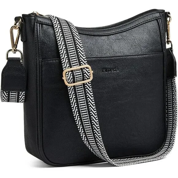 Women's 3-1 Black Vegan Leather Hobo Daily Travel Work Shoulder Crossbody Purses