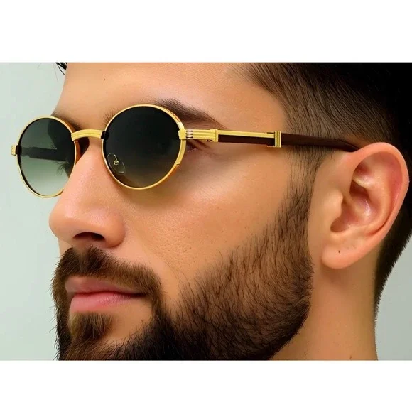 Mens Gold Round Sunglasses‎ Green Gradient Lenses Wood Accents UV400 Protection
