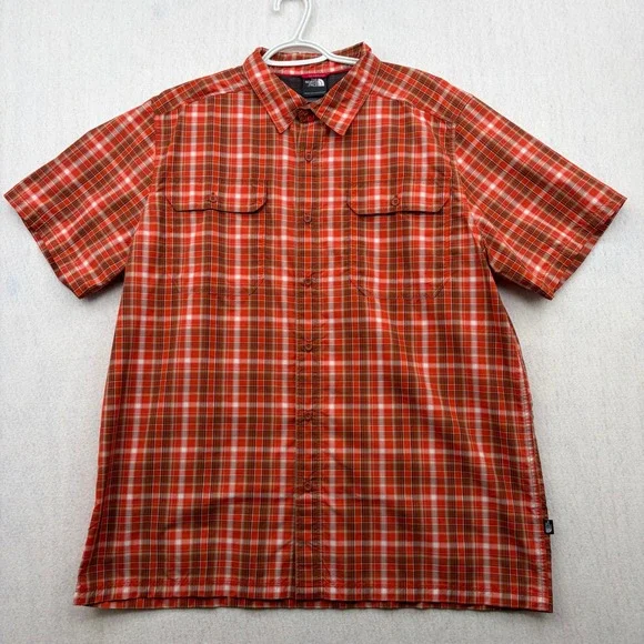 The North Face Mens XL Orange Plaid Short Sleeve Hiking Button Down Mesh Back