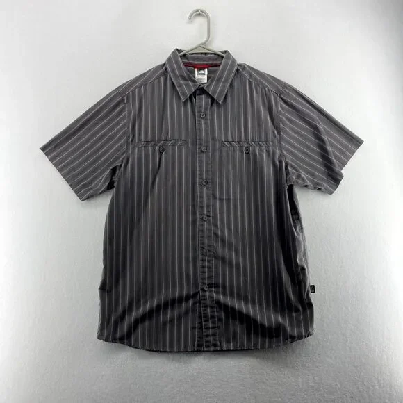 The North Face Mens Short Sleeve Striped Button Up Shirt M/M Gray Casual‎