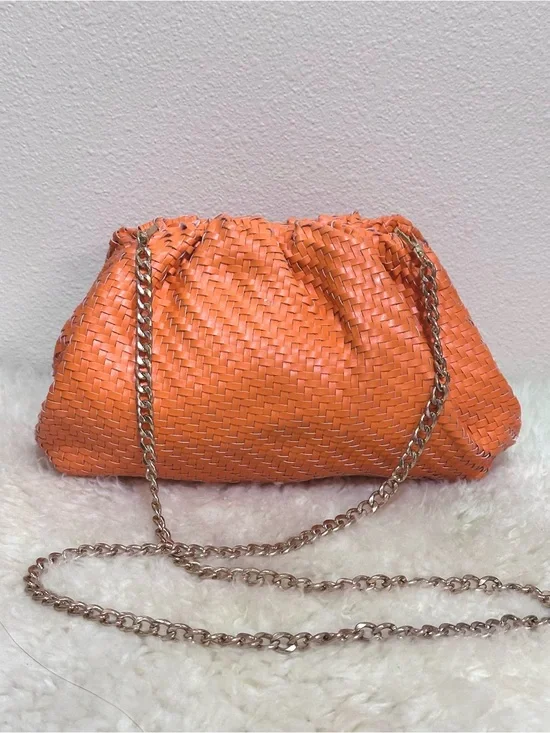 Anthropologie Frankie Faux leather braided clutch bag gold chain strap in orange