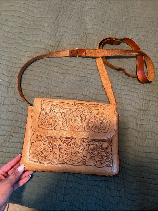 Hand-Tooled Floral Leather Crossbody Bag in Tan