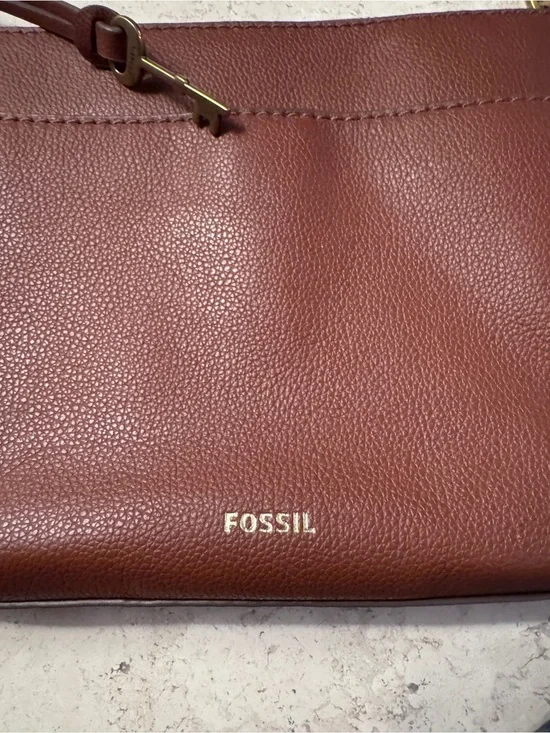 Fossil Leather Crossbody Bag, Cognac Brown, Pebbled Leather, with Brass Hardware