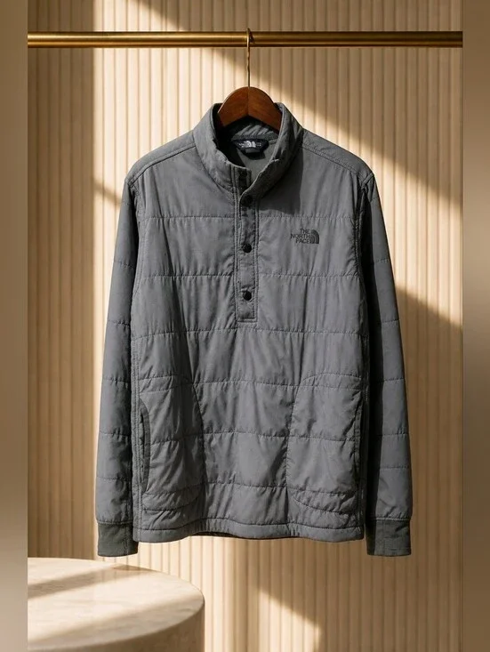 The North Face Men's Charcoal Gray Quilted Snap-Placket Pullover Sz Large
