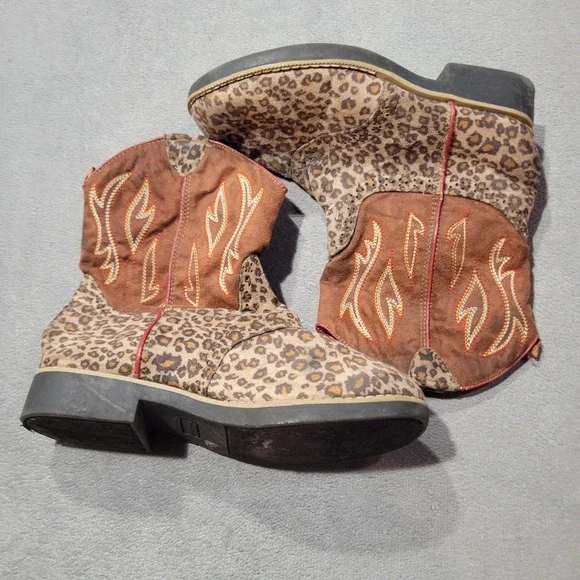 Faded Glory Cowboy Boots Girls 4 Brown Leopard Print Western Cowgirl GMFG4310024