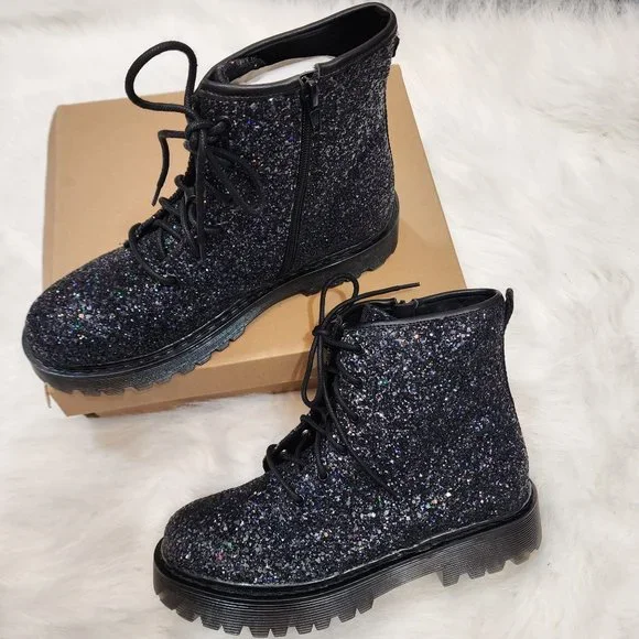 Steve Madden‎ black chunky glitter booties youth size 7 NEW IN BOX