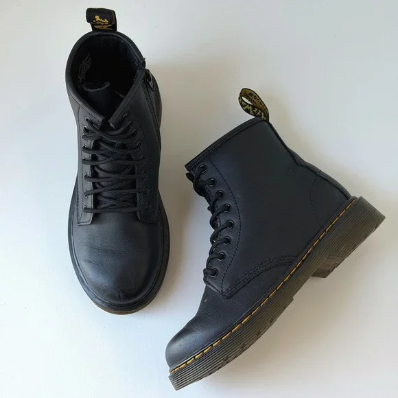Dr. Martens 1460 J Lace Up Boots Kids Size 2 Black Leather Side Zip Combat Boots