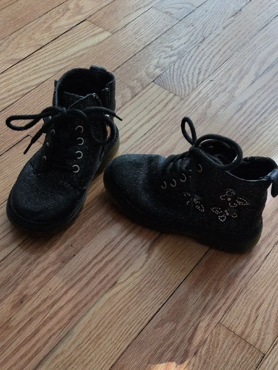 Kids Black Glitter Lace-Up Ankle Boots With Butterflies‎ Size 10