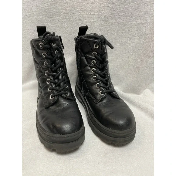 H&M Youth Size 1 Quilted Ankle Top Black Leather Lace Up Zipper‎ Boots