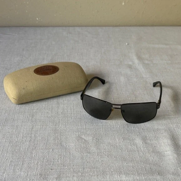 Men's Rectangular Black Lens Sunglasses with Tan Canvas Case