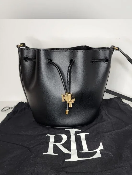 Ralph Lauren Black Leather Drawstring Crossbody Bucket Bag