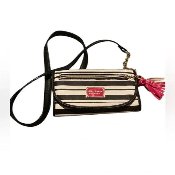 Betsey Johnson Black and White Striped Crossbody Bag with Pink Tassel