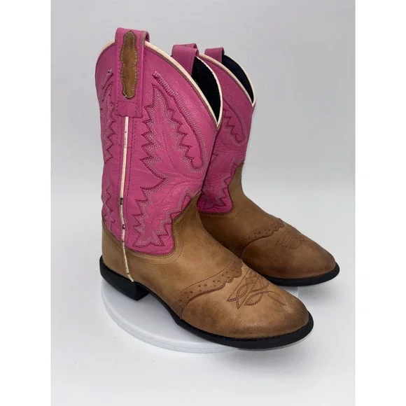 OLD WEST Pink Cowboy Boots Girl Cowgirl Western Leather Kids Round Toe‎ 13.5