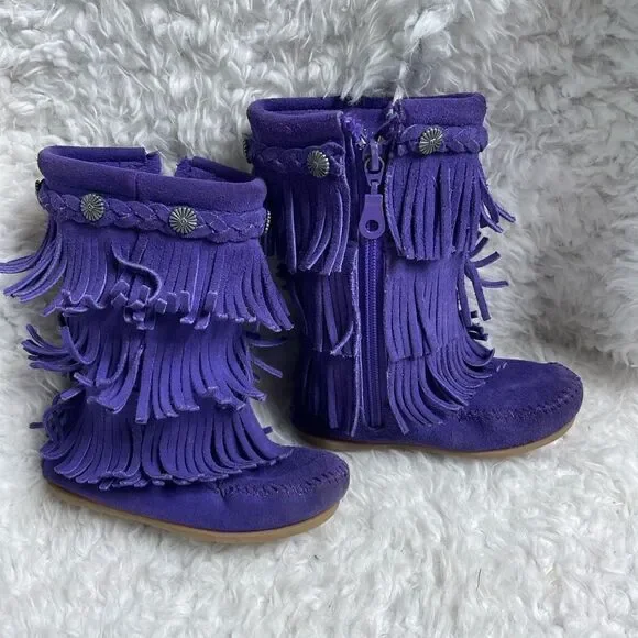 Minnetonka little girl leather suede purple fringe layers knee high boots SZ9
