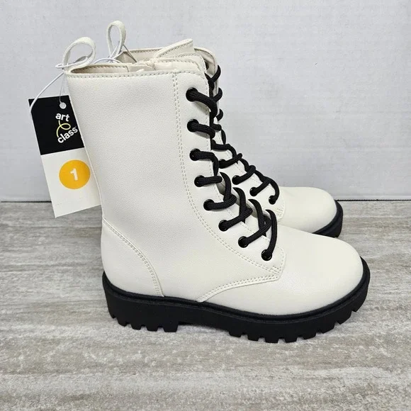 Art Class Khari Combat Boots Cream Faux Leather Black Laces Side Zip Kids Size 1