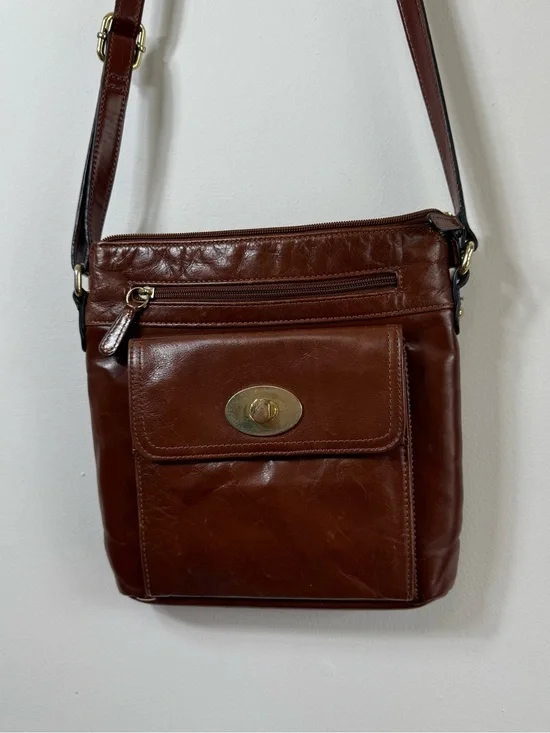 Giani Bernini Cognac Leather Crossbody Bag Turnlock Everyday Minimalist