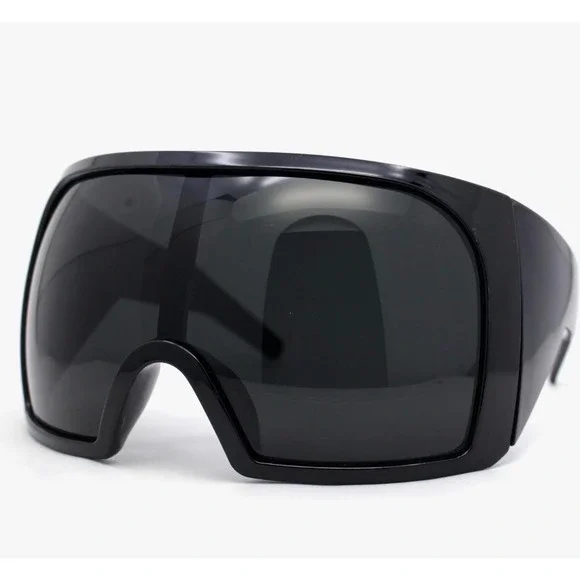 Oversized Shield Sunglasses Black Wrap Around Futuristic Cyberpunk Y2K Shades