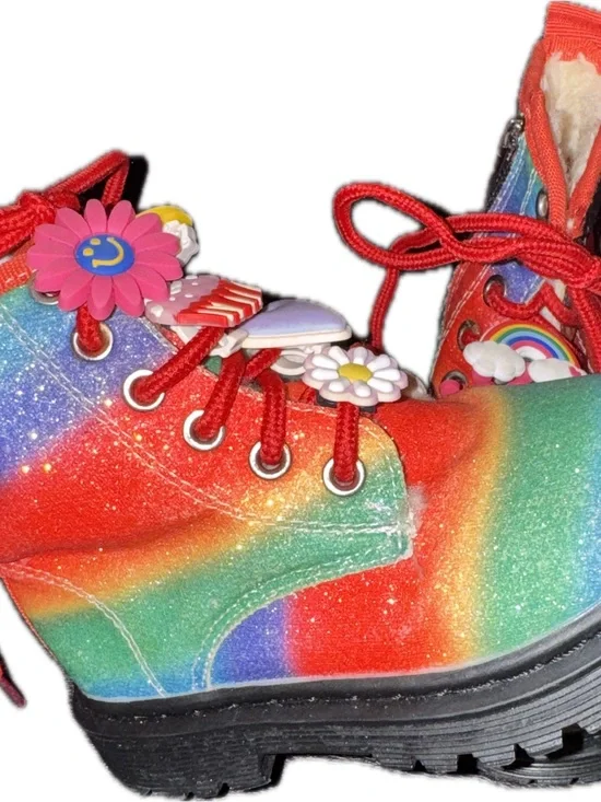 Lola + The Boys Rainbow Glitter Lace-Up Kids Boots with Red Laces