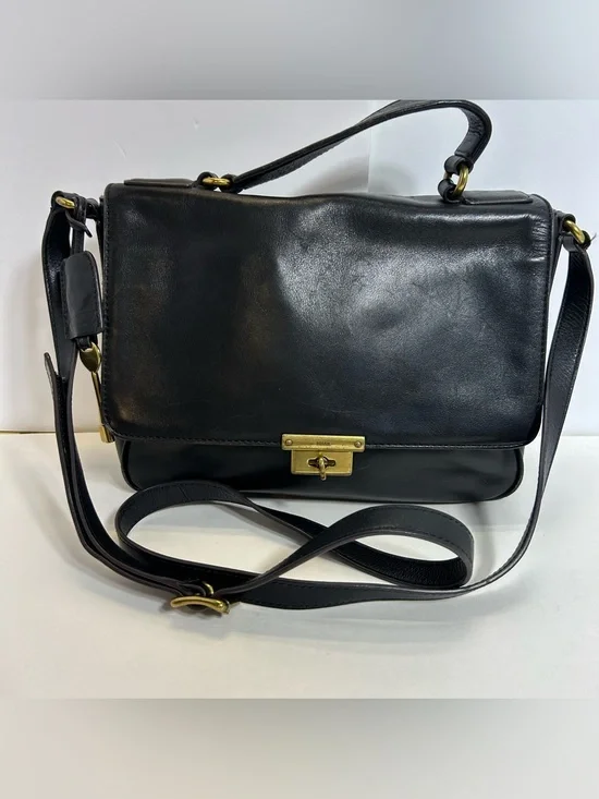 Fossil Black Memoir Flap Leather Crossbody Shoulder Bag Turnlock Clean