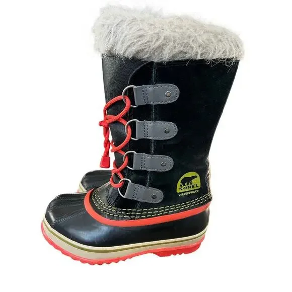 Girls Sorel Joan of Arctic Snow Boots, Size 1, Black/Red, Fur, Lace, Waterproof