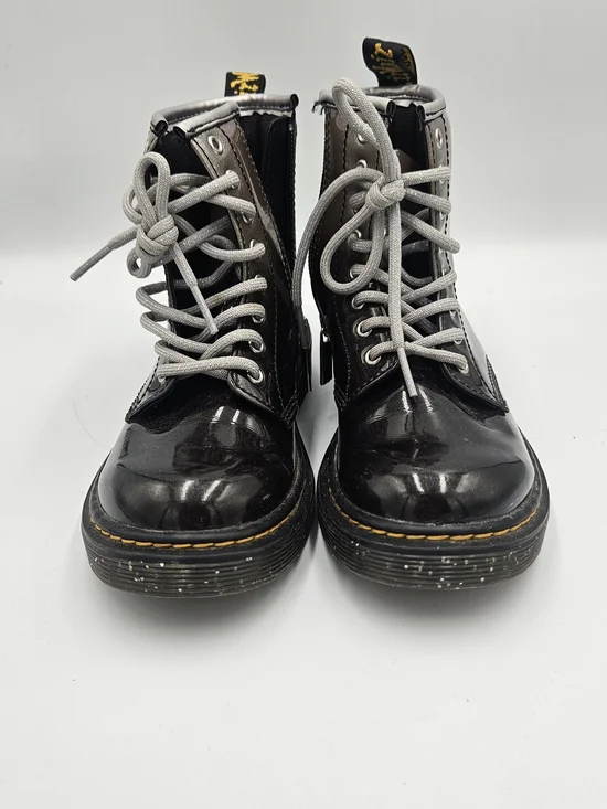 Dr. Martens Kids Black Patent Lace-Up Boots with Gray Laces