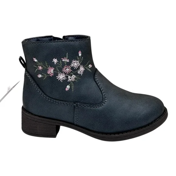 OshKosh BGosh Toddler Girls Ankle Boot Size 8 Navy Blue Flower‎ Accent Side Zip