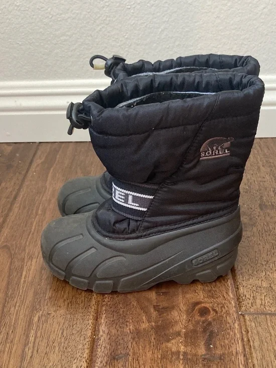 Sorel Cub Black Insulated Drawstring Winter Snow Rain Boots Kids Sz 12