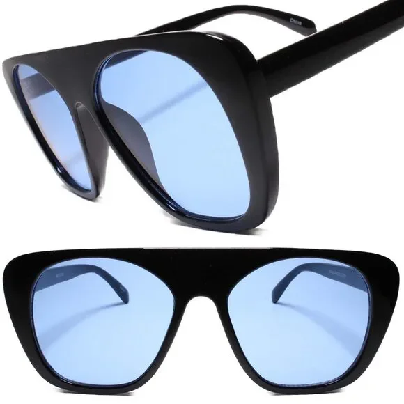Funky 80s 90s Party Club Hip Hop Rapper Gangster Flat Top Blue Lens Sunglasses